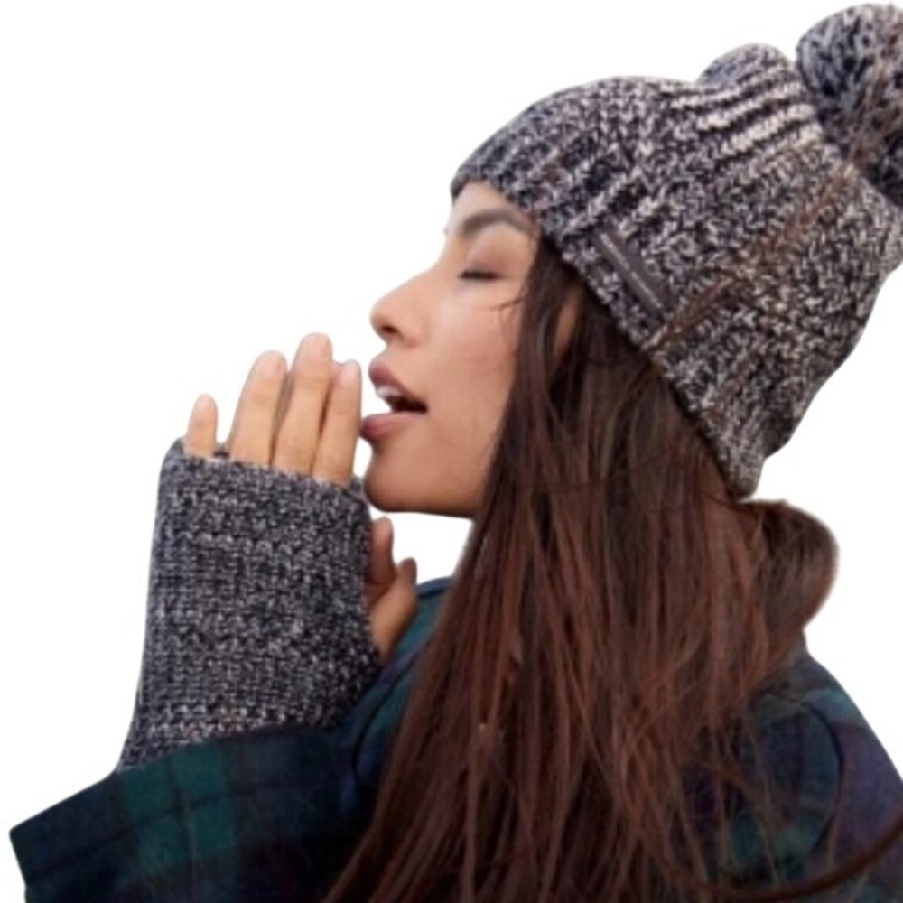 Rebecca Minkoff Black Marled Arm Warmers + Cozy Knit Beanie Outdoor Winter Set